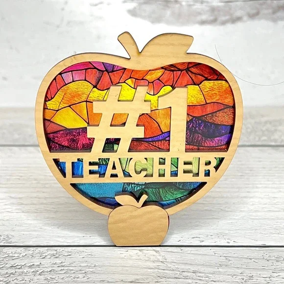 Number 1 Teacher Apple Night Light Stained Glass Effect Wood Decor Handcrafted - Picture 1 of 10